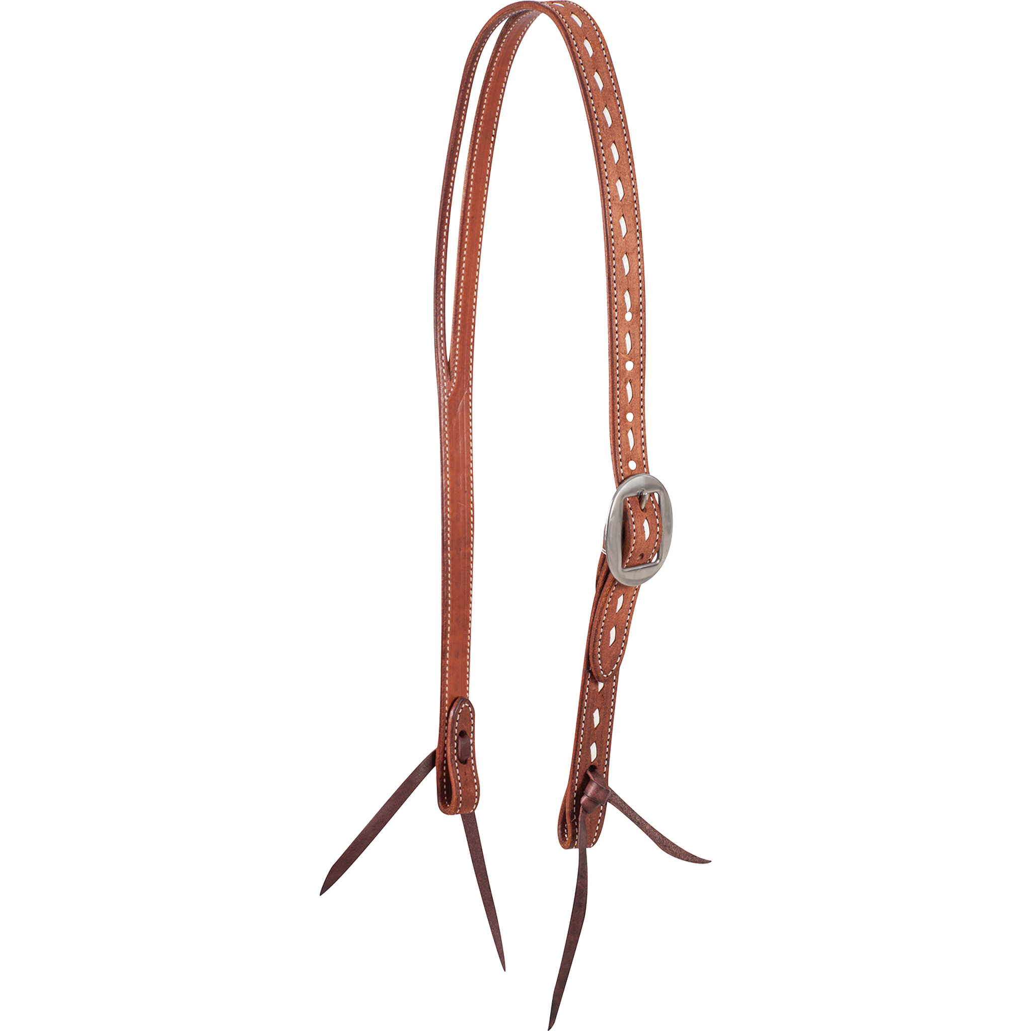 Chestnut Ranahan headstall with white buckstitching, seen from the front quarter. Buckstitching runs down the cheek through a cart buckle, and latigo bit ties finish both ends.