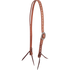 Chestnut Ranahan headstall with white buckstitching, seen from the front quarter. Buckstitching runs down the cheek through a cart buckle, and latigo bit ties finish both ends.