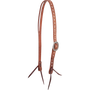 Chestnut Ranahan headstall with white buckstitching, seen from the front quarter. Buckstitching runs down the cheek through a cart buckle, and latigo bit ties finish both ends.