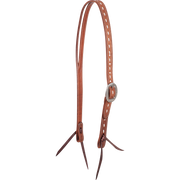 Chestnut Ranahan headstall with white buckstitching, seen from the front quarter. Buckstitching runs down the cheek through a cart buckle, and latigo bit ties finish both ends.