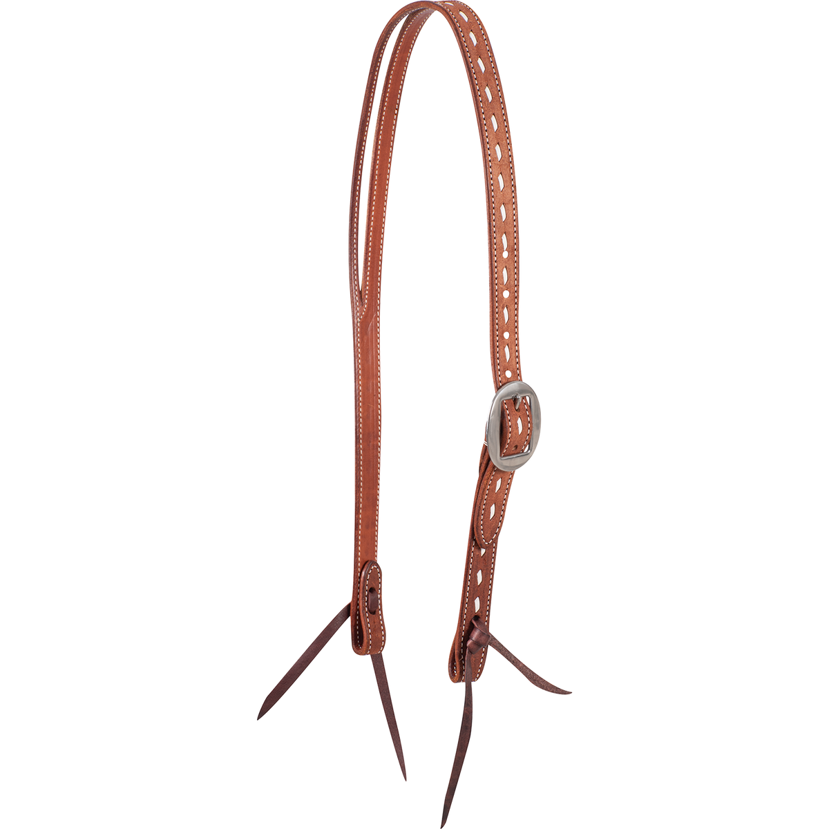 Chestnut Ranahan headstall with white buckstitching, seen from the front quarter. Buckstitching runs down the cheek through a cart buckle, and latigo bit ties finish both ends.