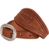 Chestnut roughout stirrup hobble strap rolled up, seen up close. The cart buckle sits in front of the stamped roughout leather.