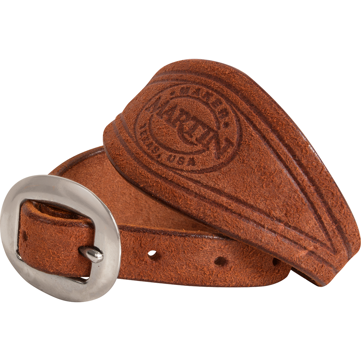 Chestnut roughout stirrup hobble strap rolled up, seen up close. The cart buckle sits in front of the stamped roughout leather.