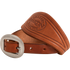 Chestnut smooth leather stirrup hobble strap rolled up, seen up close. The cart buckle sits in front of the stamped chestnut leather.