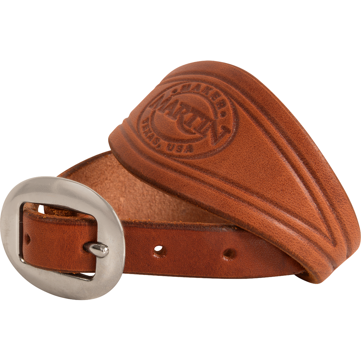 Chestnut smooth leather stirrup hobble strap rolled up, seen up close. The cart buckle sits in front of the stamped chestnut leather.