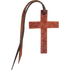 Chestnut tooled leather cross saddle charm, seen from the front. Scroll tooling runs along the arms and length of the cross, with a dark leather tie string through the top.