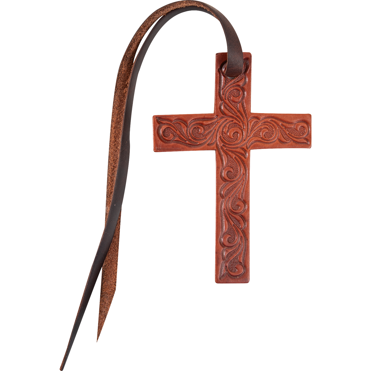 Chestnut tooled leather cross saddle charm, seen from the front. Scroll tooling runs along the arms and length of the cross, with a dark leather tie string through the top.
