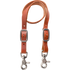Chestnut leather wither strap for a breastcollar, looped and seen from the front. Each end has a buckle for adjustment and a snap to attach to the breastcollar rings.