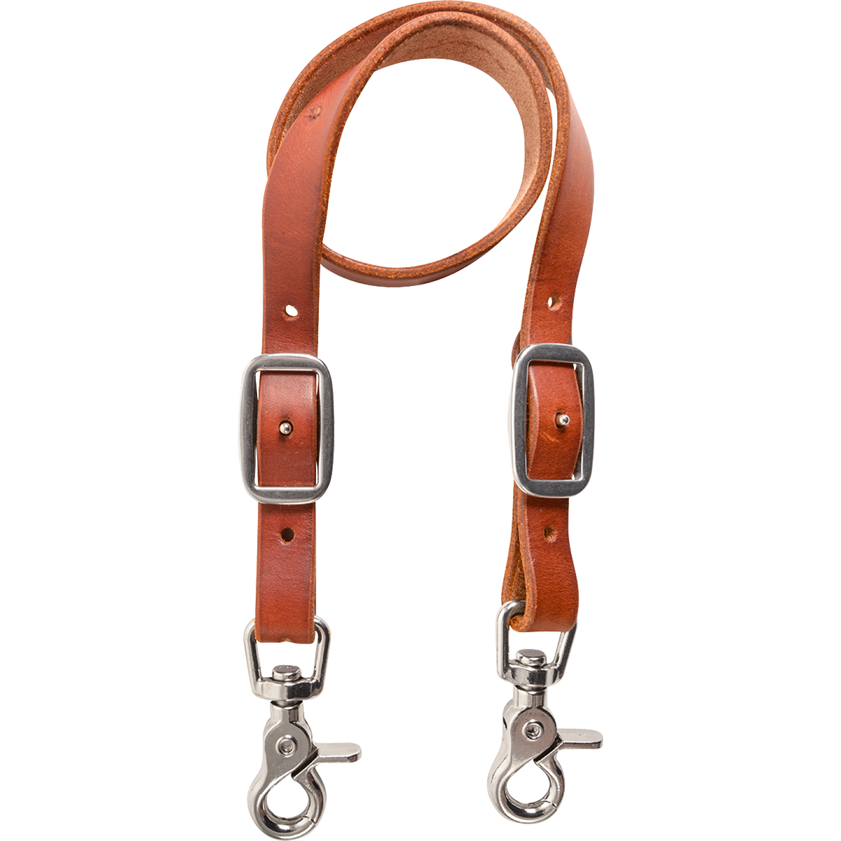 Chestnut leather wither strap for a breastcollar, looped and seen from the front. Each end has a buckle for adjustment and a snap to attach to the breastcollar rings.