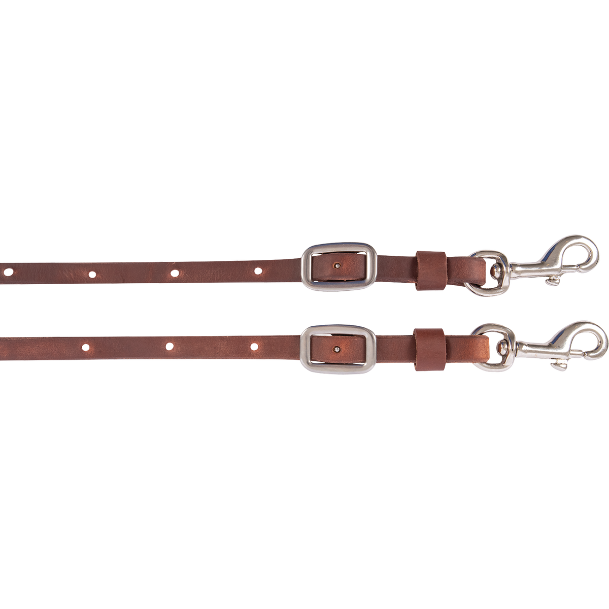 Buckle and keeper snap ends of a chocolate barrel rein, laid side by side. Each harness leather end has adjustment holes, a buckle, a leather keeper and a snap.
