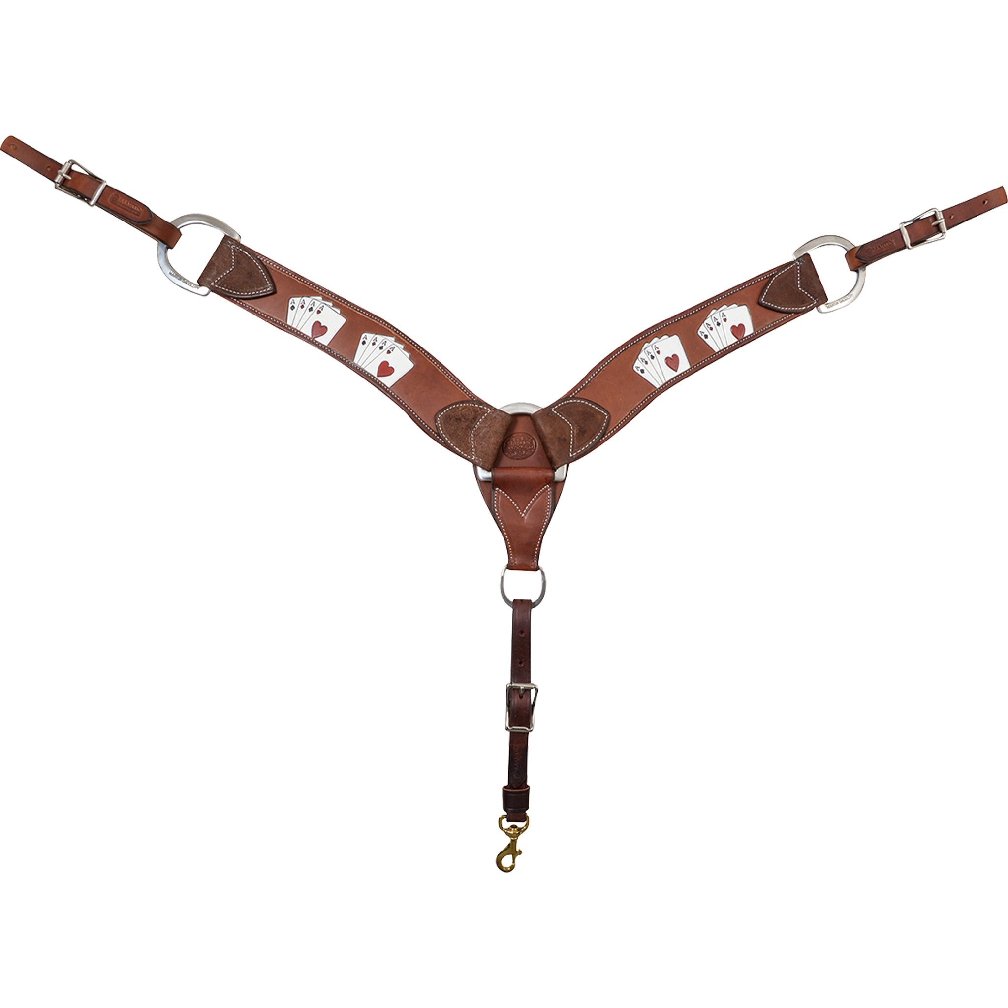 Chocolate card suit tooled breastcollar seen from the front in full. Painted playing cards decorate the 2.75-inch skirting leather shoulder straps, which meet at a center ring above a tie-down strap with a snap.