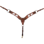 Chocolate card suit tooled breastcollar seen from the front in full. Painted playing cards decorate the 2.75-inch skirting leather shoulder straps, which meet at a center ring above a tie-down strap with a snap.