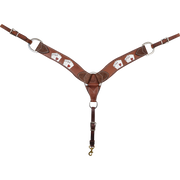 Chocolate card suit tooled breastcollar seen from the front in full. Painted playing cards decorate the 2.75-inch skirting leather shoulder straps, which meet at a center ring above a tie-down strap with a snap.