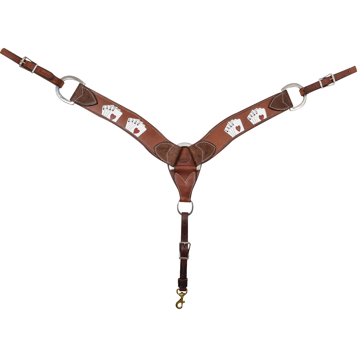 Chocolate card suit tooled breastcollar seen from the front in full. Painted playing cards decorate the 2.75-inch skirting leather shoulder straps, which meet at a center ring above a tie-down strap with a snap.