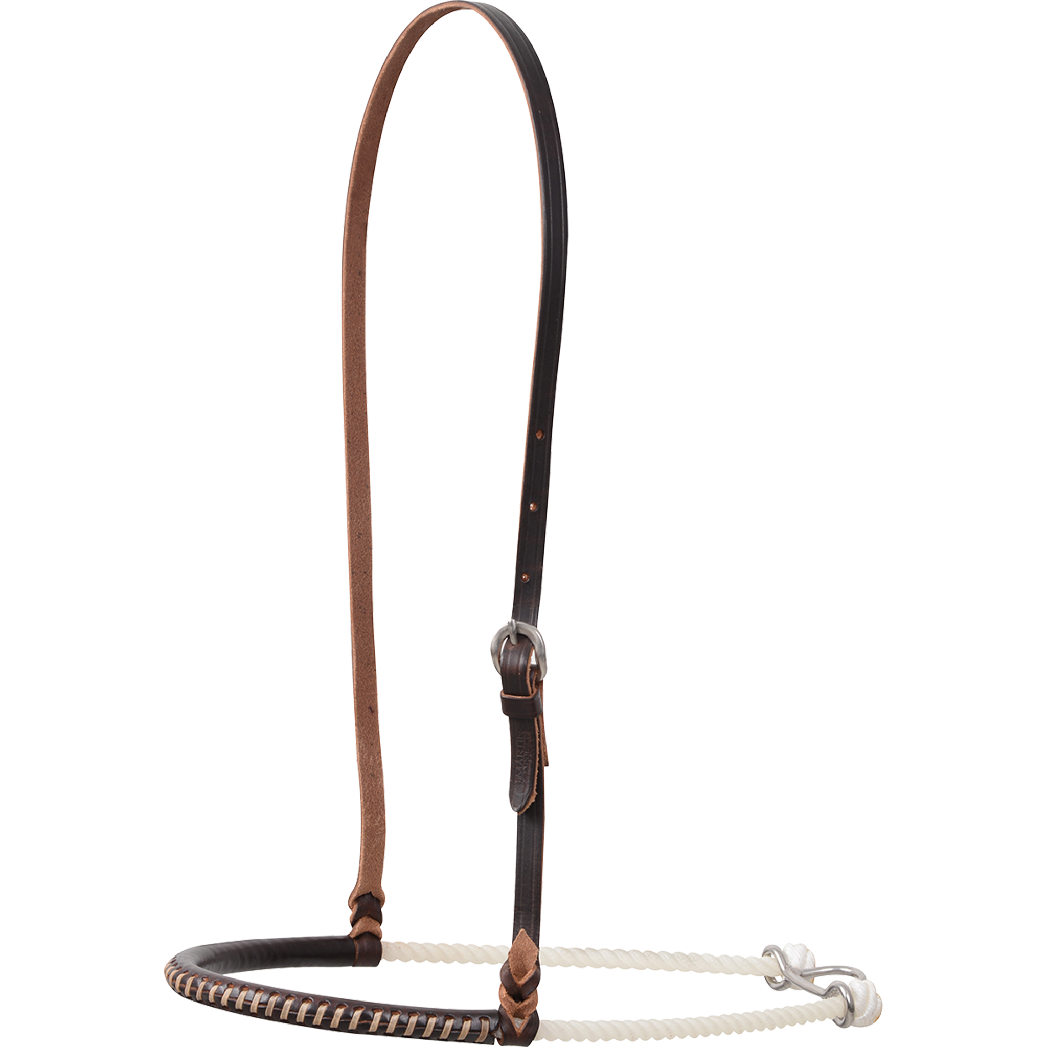Single rope noseband with chocolate harness leather lacing, seen from the front quarter. The laced chocolate cover wraps the front of the white rope, below an adjustable strap with a buckle.