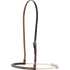 Single rope noseband with chocolate harness leather lacing, seen from the front quarter. The laced chocolate cover wraps the front of the white rope, below an adjustable strap with a buckle.