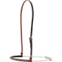 Single rope noseband with chocolate harness leather lacing, seen from the front quarter. The laced chocolate cover wraps the front of the white rope, below an adjustable strap with a buckle.