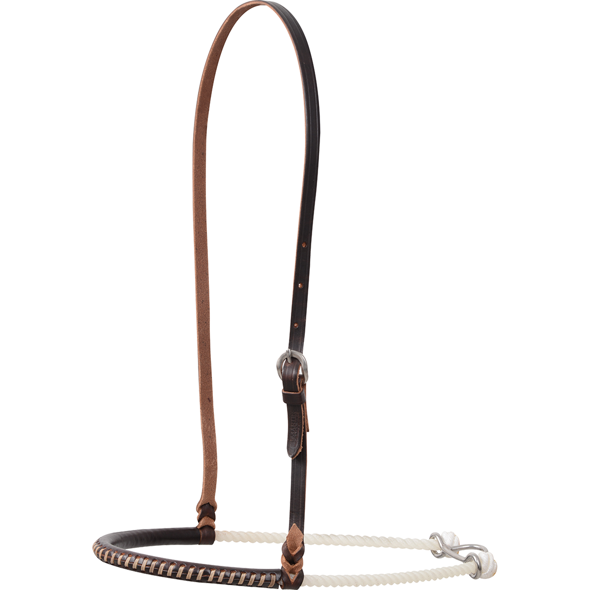 Single rope noseband with chocolate harness leather lacing, seen from the front quarter. The laced chocolate cover wraps the front of the white rope, below an adjustable strap with a buckle.