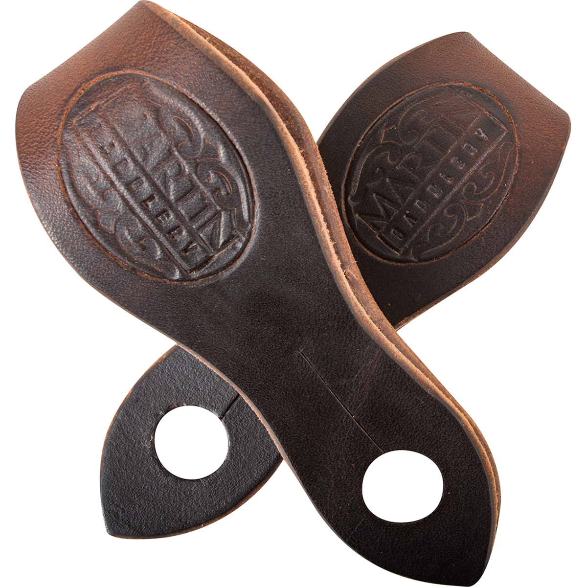 Chocolate harness slobber straps crossed over each other, seen up close. The Martin Saddlery stamp shows on the wide end of each strap above the slotted holes.