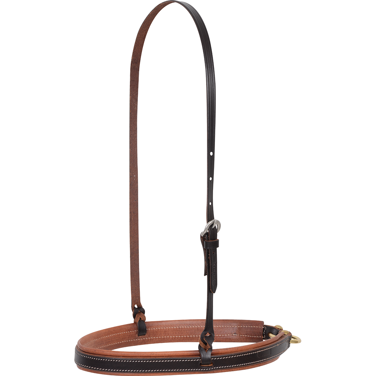 Chocolate stitched harness noseband with harness lining, seen from the front quarter. The wide noseband hangs from an adjustable strap with a buckle, with a ring at the back.
