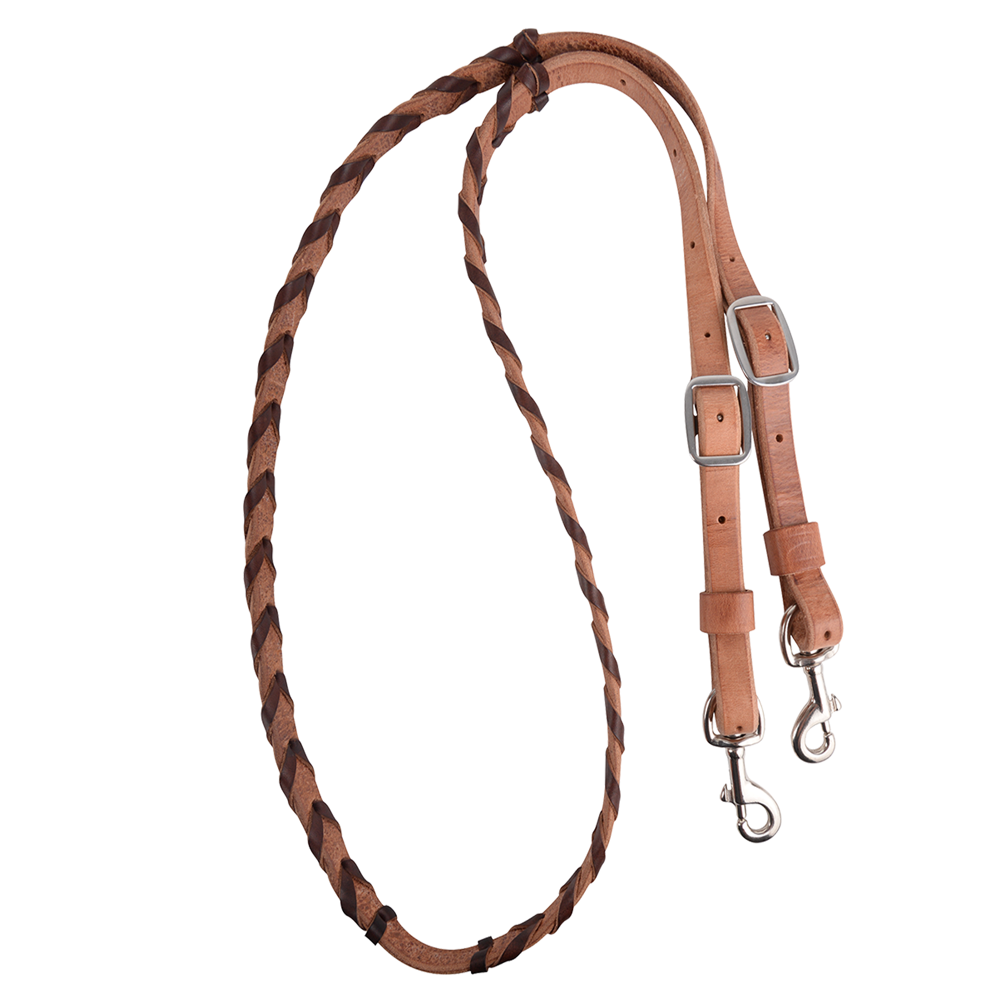 Chocolate latigo laced barrel rein, coiled and seen from above. The harness leather rein is laced with chocolate latigo through the grip section and ends in buckles with keeper snaps.