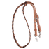 Chocolate latigo laced barrel rein, coiled and seen from above. The harness leather rein is laced with chocolate latigo through the grip section and ends in buckles with keeper snaps.