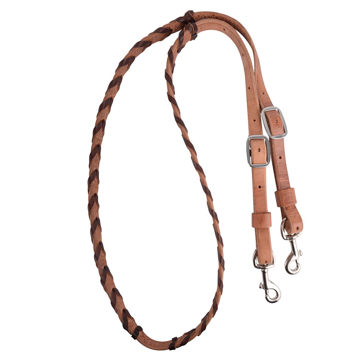 Chocolate latigo laced barrel rein, coiled and seen from above. The harness leather rein is laced with chocolate latigo through the grip section and ends in buckles with keeper snaps.