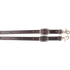 Buckle snap ends of a chocolate latigo roping rein, seen up close. Each flat end has adjustment holes, a buckle and a swivel snap.