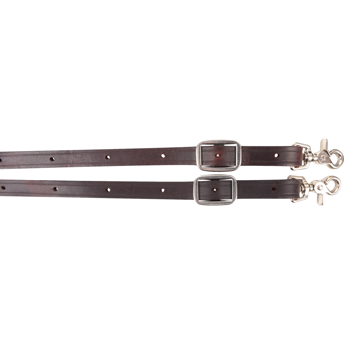Buckle snap ends of a chocolate latigo roping rein, seen up close. Each flat end has adjustment holes, a buckle and a swivel snap.