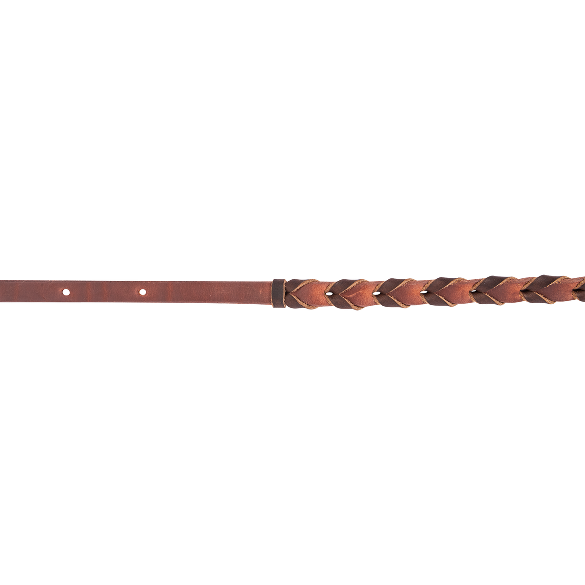 Chocolate laced barrel rein seen up close where the smooth harness leather meets the laced grip. The latigo lacing begins beside the adjustment holes in the strap.