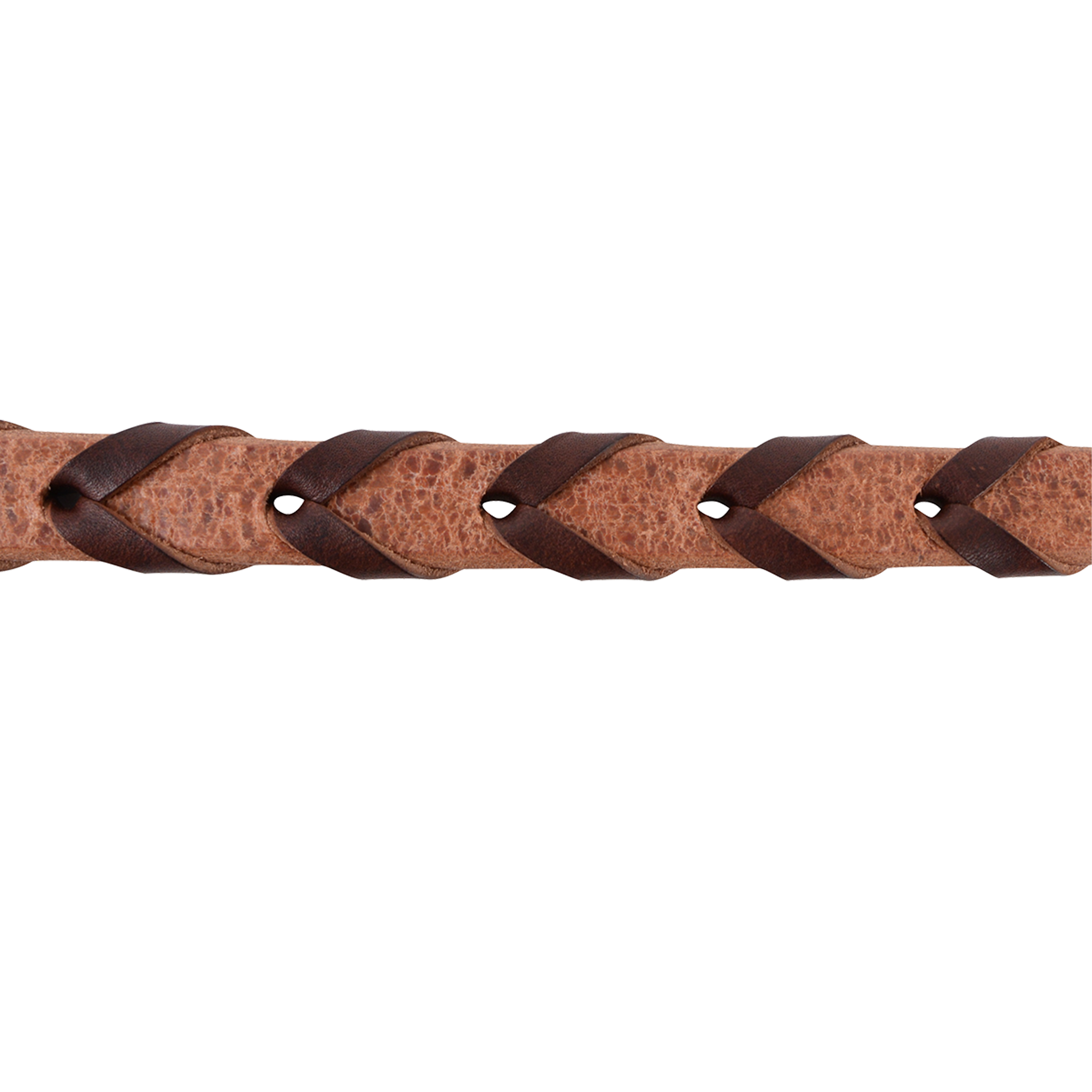 Harness leather rein seen up close with chocolate latigo lacing woven through it. The laced pattern runs the length of the grip on this 3/4-inch barrel rein.
