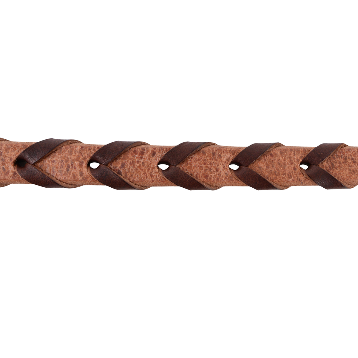 Harness leather rein seen up close with chocolate latigo lacing woven through it. The laced pattern runs the length of the grip on this 3/4-inch barrel rein.