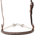 Front of a chocolate laced single rope noseband, seen up close. Light lacing wraps the chocolate leather nose piece, with white rope and a metal connector behind it.