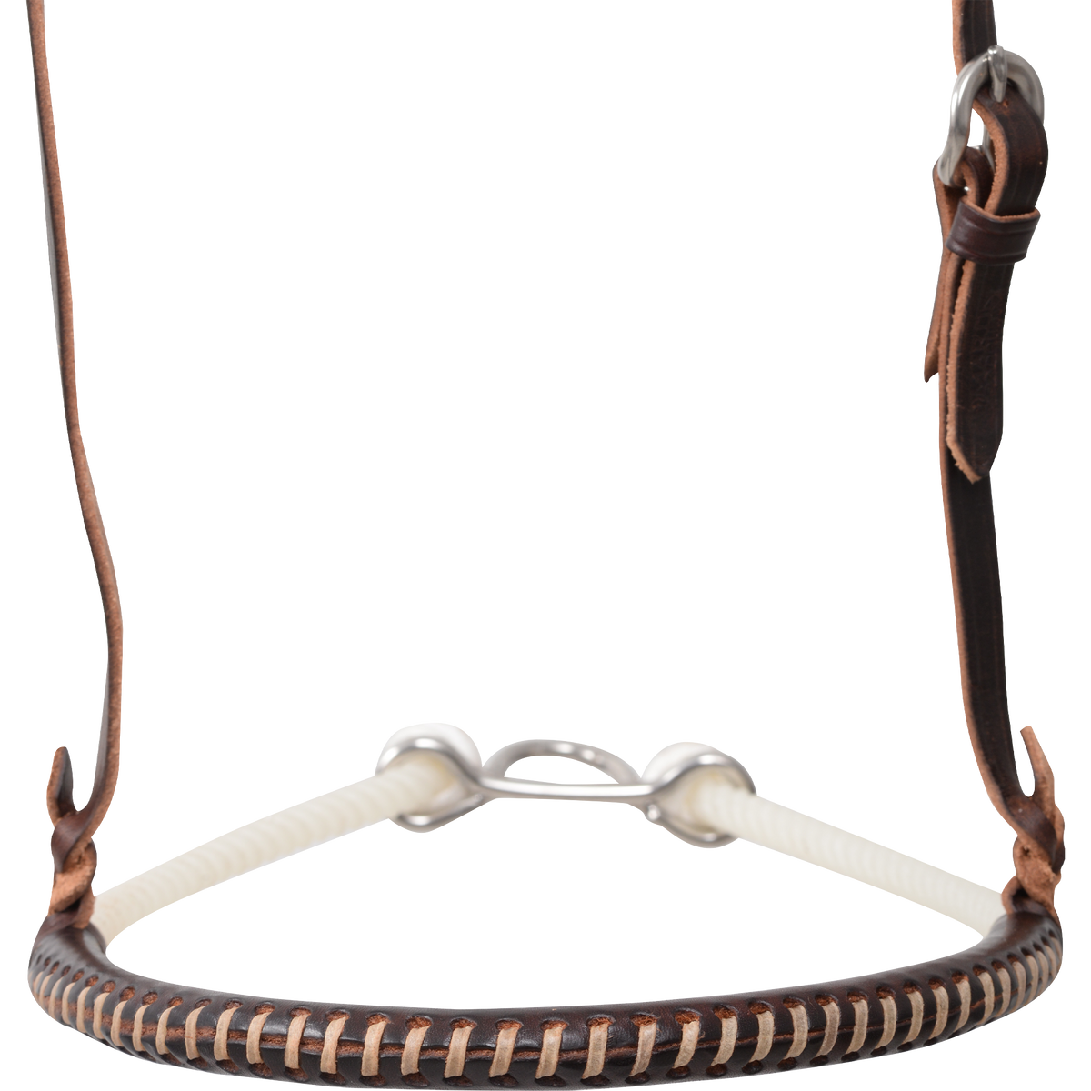 Front of a chocolate laced single rope noseband, seen up close. Light lacing wraps the chocolate leather nose piece, with white rope and a metal connector behind it.