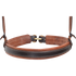 Front of a chocolate harness lined noseband, seen up close. White stitching edges the dark center strip, and the lined ends meet at a ring behind.