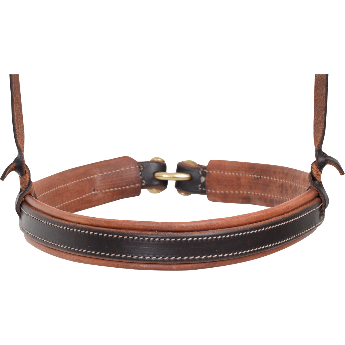 Front of a chocolate harness lined noseband, seen up close. White stitching edges the dark center strip, and the lined ends meet at a ring behind.