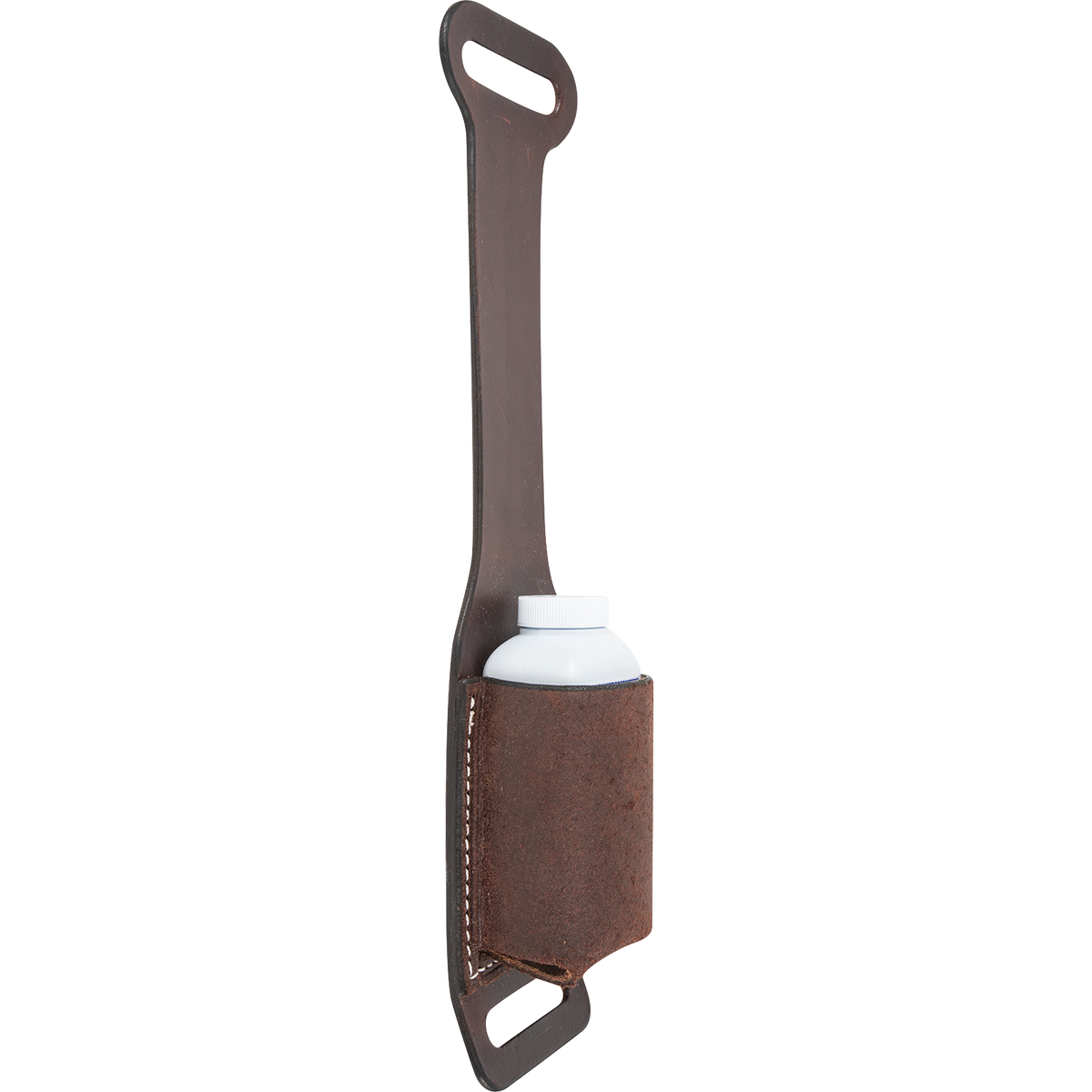 Chocolate roughout rope powder holder seen from the side, holding a white powder bottle. The roughout pocket is stitched to the smooth dark leather strap.