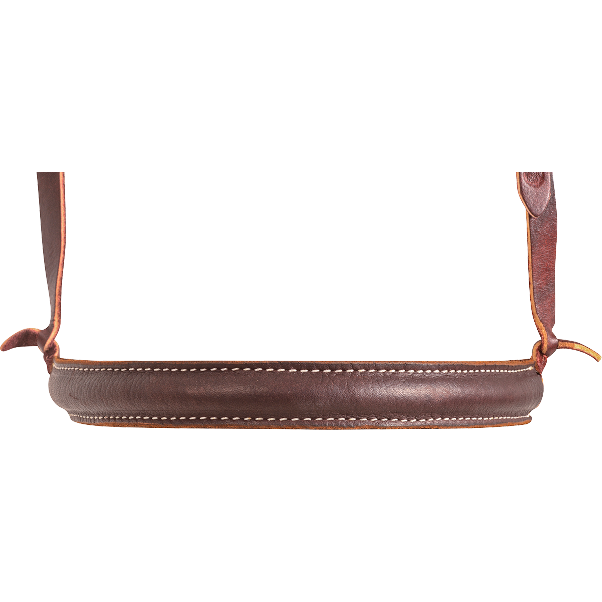 Chocolate leather cover of a single rope noseband, seen from the front. White stitching runs along the top and bottom of the smooth rounded cover, with leather hangers at each end.