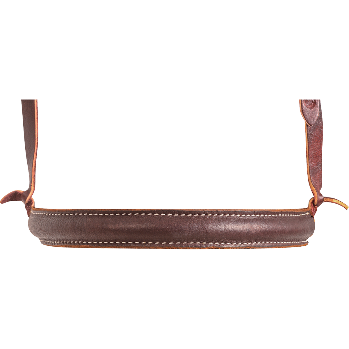Chocolate leather cover of a single rope noseband, seen from the front. White stitching runs along the top and bottom of the smooth rounded cover, with leather hangers at each end.