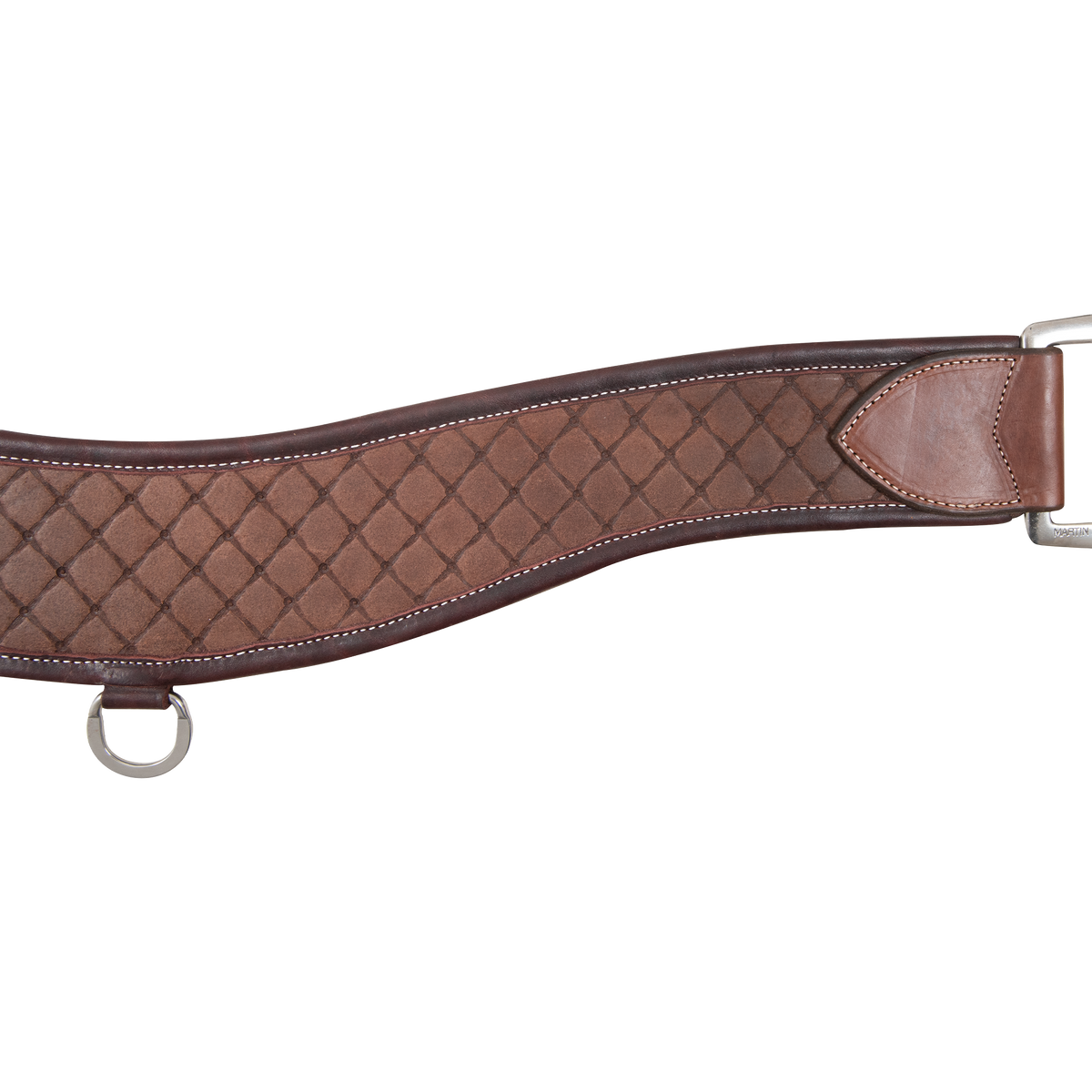 Chocolate breast collar strap with quilted tooling in a diamond pattern, framed by dark edges and white stitching. A smooth leather tab joins the strap to a ring at one end, with a small ring below the center.