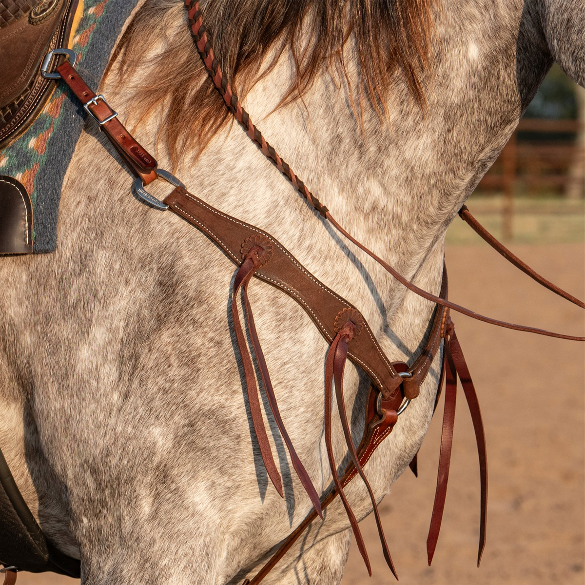 Chocolate roughout breastcollar with rosettes and strings worn on a gray horse, seen from the side at the shoulder. Latigo strings hang from the rosettes along the stitched strap, which connects to the saddle through a ring and buckle.
