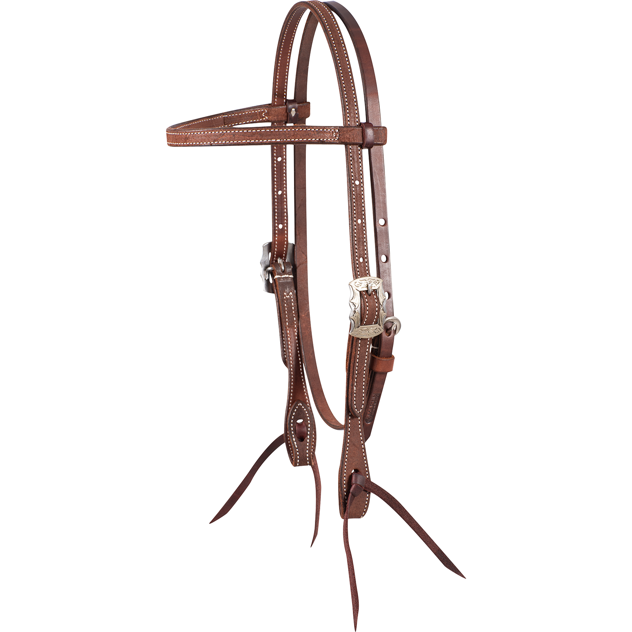 Chocolate roughout browband headstall with Prescott buckles, seen from the front quarter. White stitching follows the 5/8-inch straps, and latigo ties hang from the bit ends.