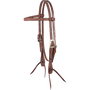 Chocolate roughout browband headstall with Prescott buckles, seen from the front quarter. White stitching follows the 5/8-inch straps, and latigo ties hang from the bit ends.