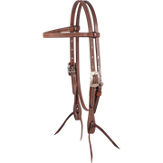 Chocolate roughout browband headstall with Prescott buckles, seen from the front quarter. White stitching follows the 5/8-inch straps, and latigo ties hang from the bit ends.