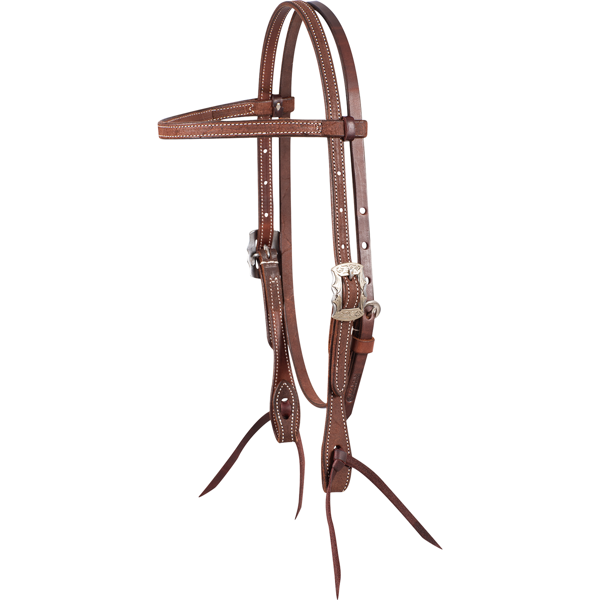 Chocolate roughout browband headstall with Prescott buckles, seen from the front quarter. White stitching follows the 5/8-inch straps, and latigo ties hang from the bit ends.