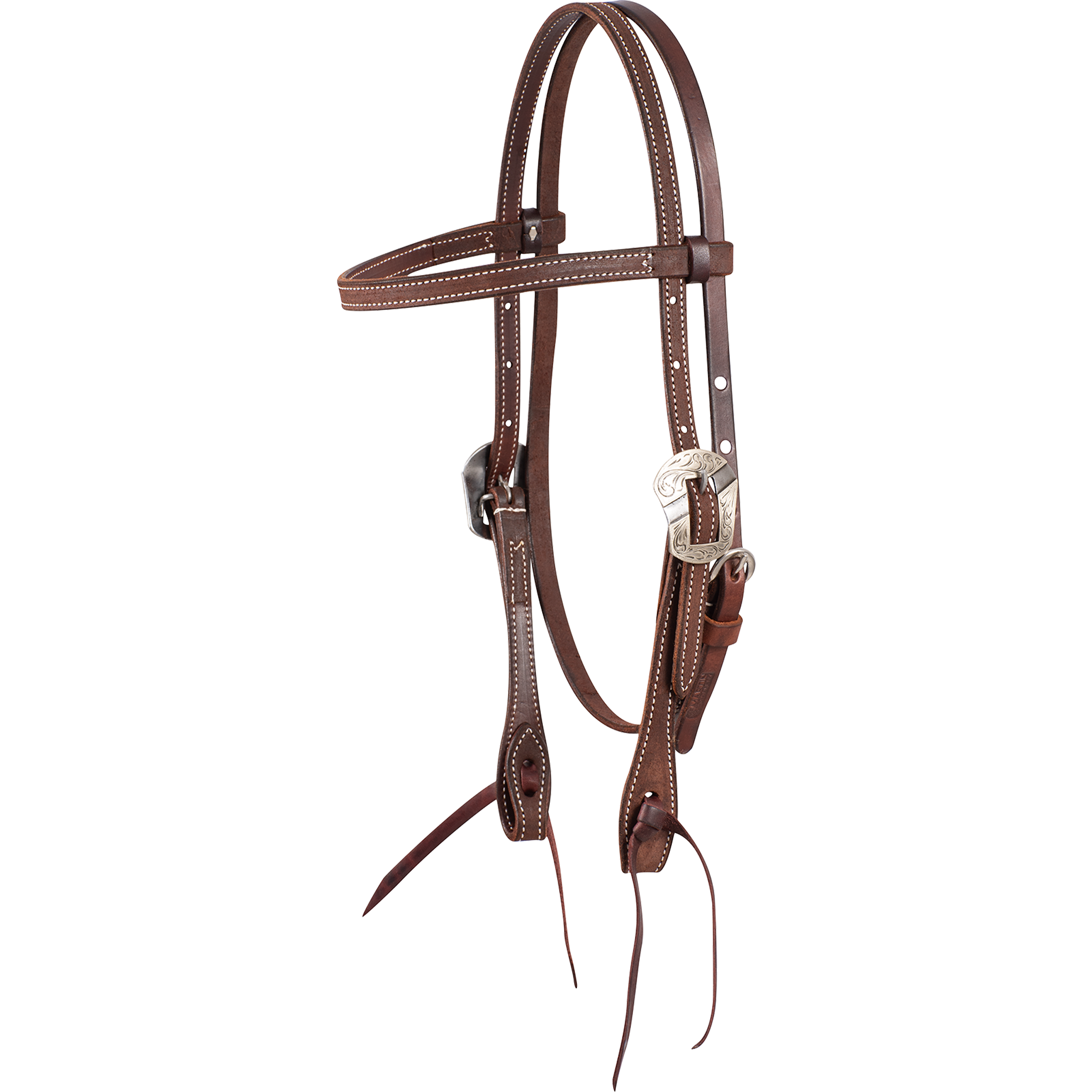 Chocolate roughout browband headstall with Salinas buckles, seen from the front quarter. The stitched 5/8-inch cheeks adjust at the buckles and end in latigo bit ties.
