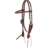 Chocolate roughout browband headstall with Salinas buckles, seen from the front quarter. The stitched 5/8-inch cheeks adjust at the buckles and end in latigo bit ties.