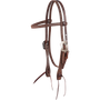 Chocolate roughout browband headstall with Salinas buckles, seen from the front quarter. The stitched 5/8-inch cheeks adjust at the buckles and end in latigo bit ties.