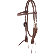 Chocolate roughout browband headstall with Salinas buckles, seen from the front quarter. The stitched 5/8-inch cheeks adjust at the buckles and end in latigo bit ties.