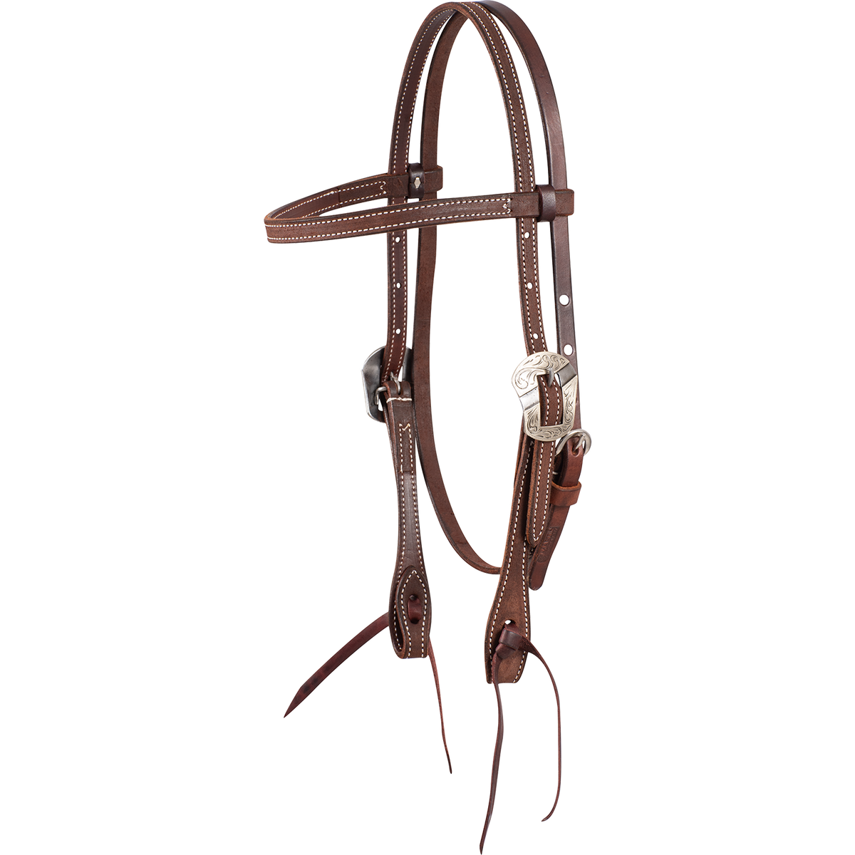 Chocolate roughout browband headstall with Salinas buckles, seen from the front quarter. The stitched 5/8-inch cheeks adjust at the buckles and end in latigo bit ties.